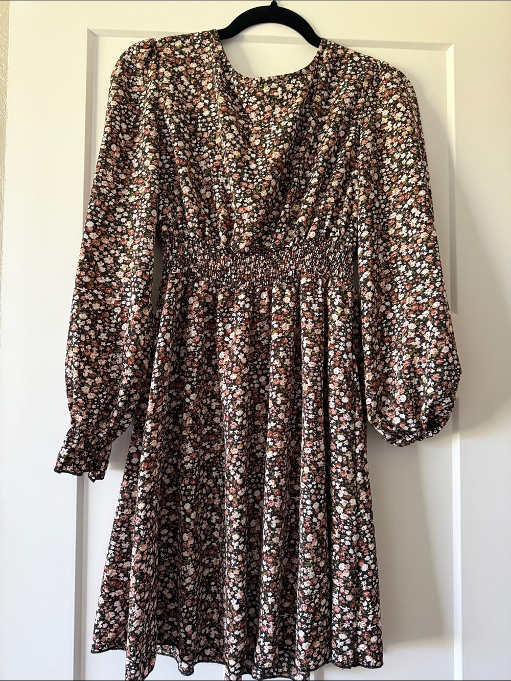 Floral Long Sleeve Smocked Waist Mini Dress - Black/Pink